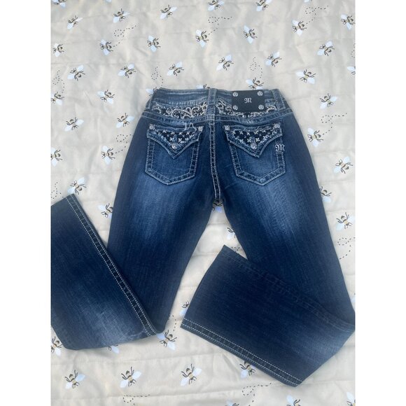 Miss Me Denim Dark Blue Signature Boot Coot Cut Rhinestone Denim Jp5002-32 sz 28 - Picture 1 of 9